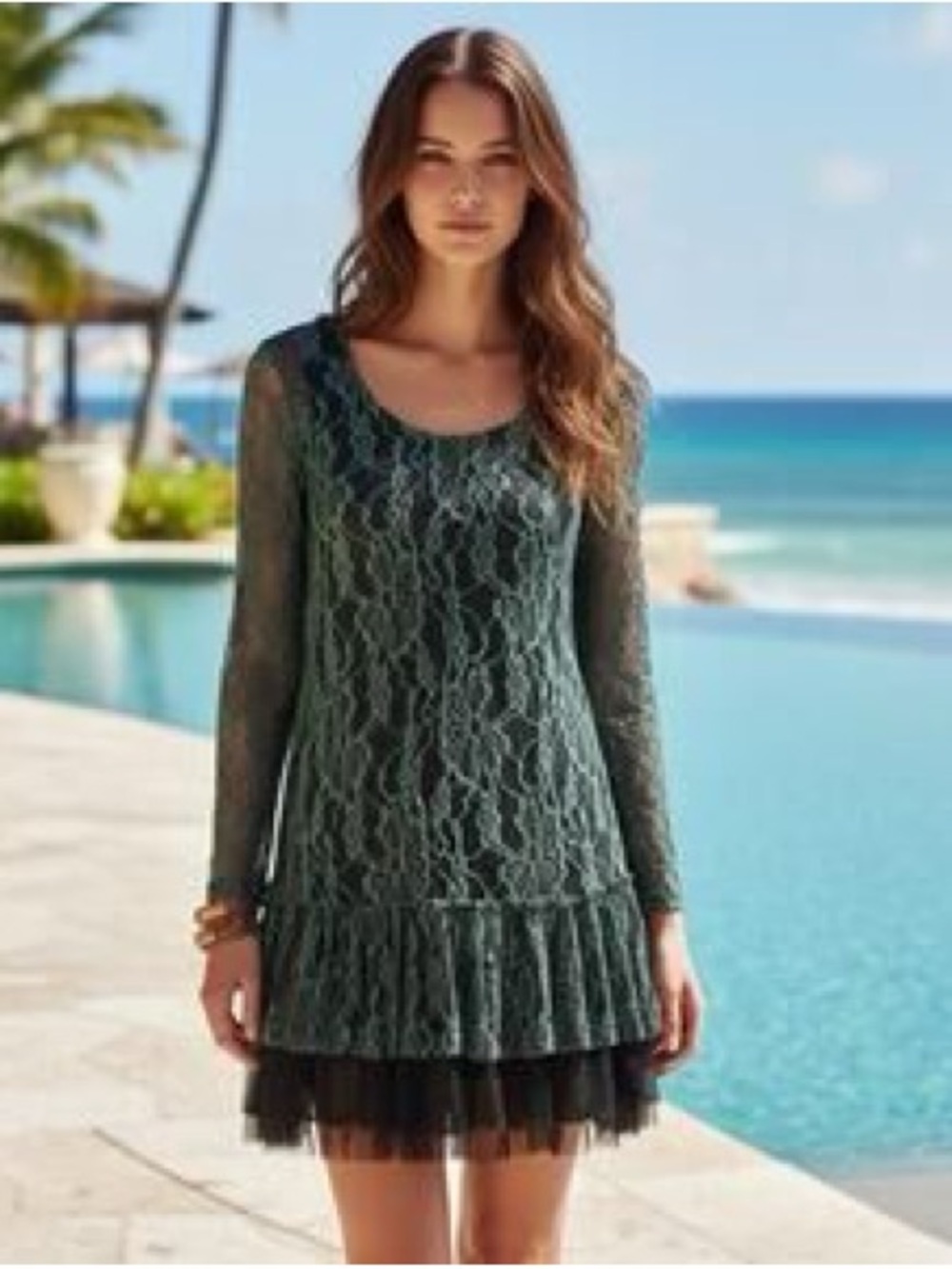 A’Reve Mint and Brown Floral Lace Tulle Long Sleeve Dress - Size Medium